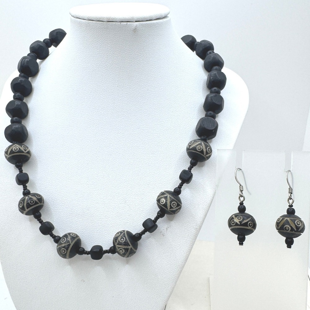 Tribal Black Wood Bead Necklace and Earring Set Etched Geometric Pattern Boho